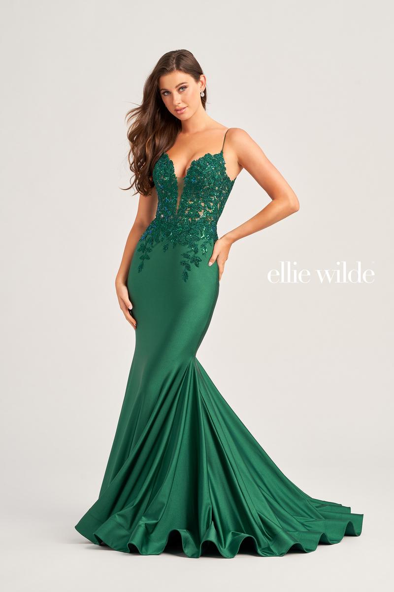 knee length dresses for ladies La Divine J876 Fitted Satin Mermaid Formal Gown with Sparkle Tulle Overlay Emerald / 8