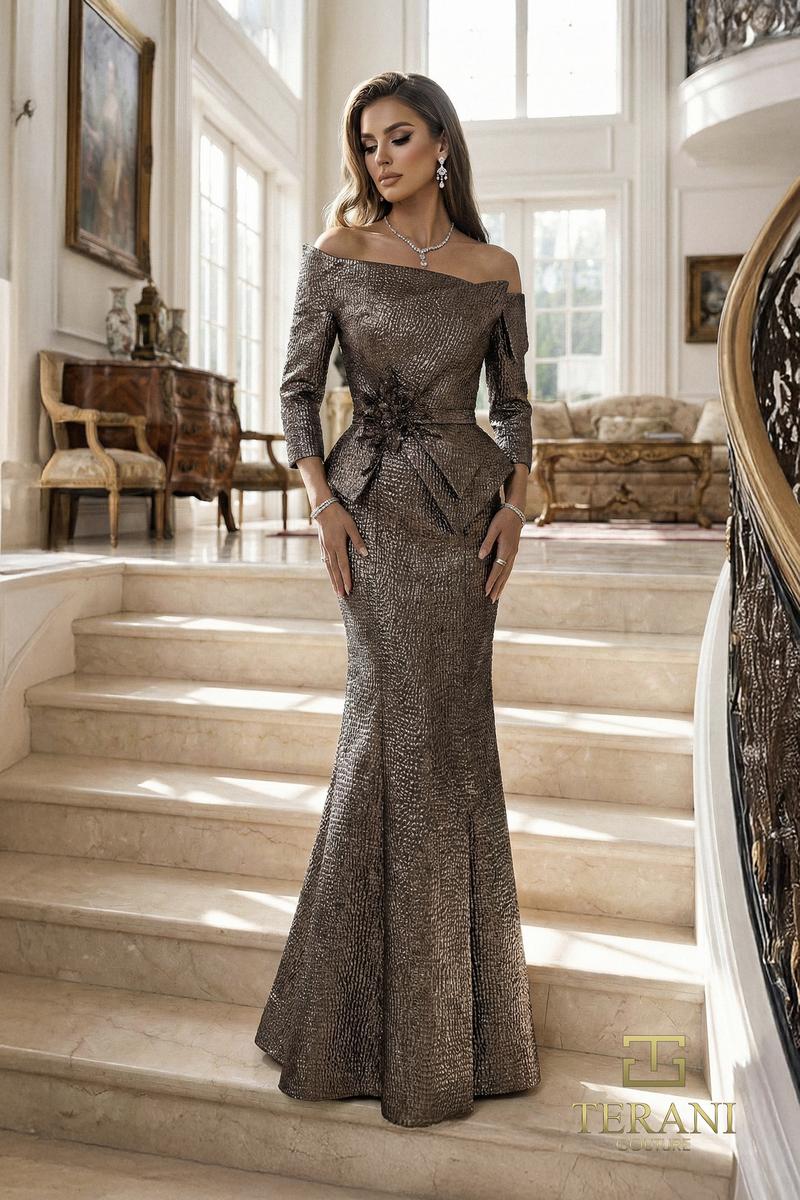 terani gold dress 262E7149 Bronze Off-Shoulder Mother of the Bride with 3/4 Sleeves Prom Dresses Under $200